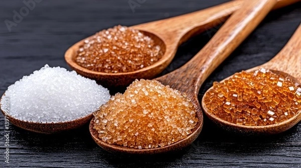 Obraz A variety of sugars displayed in wooden spoons on a dark surface