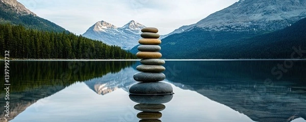 Fototapeta Serene landscape featuring stacked stones by a tranquil lake with mountains in backdrop.