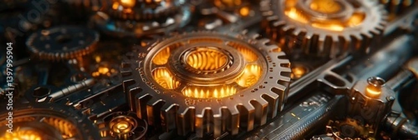 Fototapeta Steampunk style showing healthcare system represented mechanical gears battling an onslaught of Cyber Threats in Healthcare mixing vintage and tech aesthetics