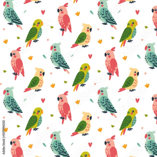 Fototapeta Children's seamless pattern with budgies of green, pink, blue and yellow colors, with feathers on the head of a pink, blue and yellow parrots