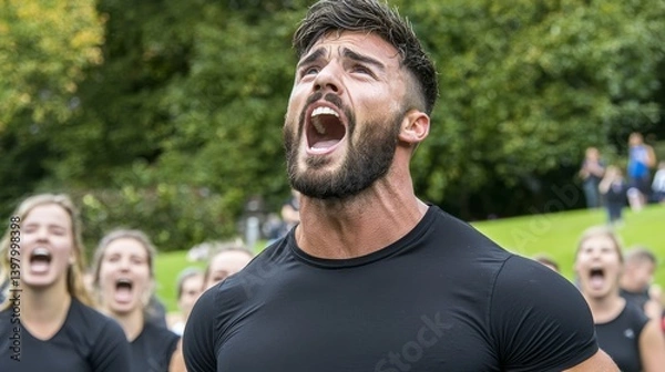 Obraz A man passionately shouting with a group of people in the background