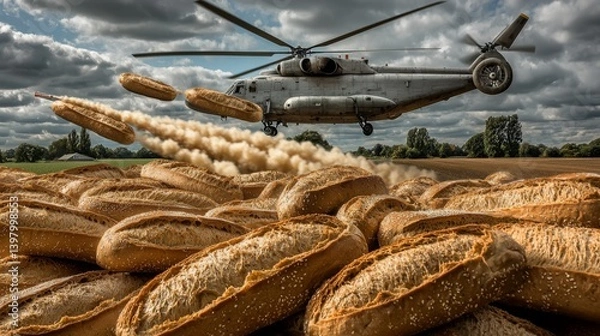 Fototapeta Helicopter dropping bread rolls over a field, creating a surreal scene