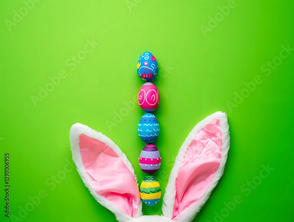 Fototapeta Colorful vertical painted Easter eggs and playful bunny ears on a vibrant green background creating a festive spring composition