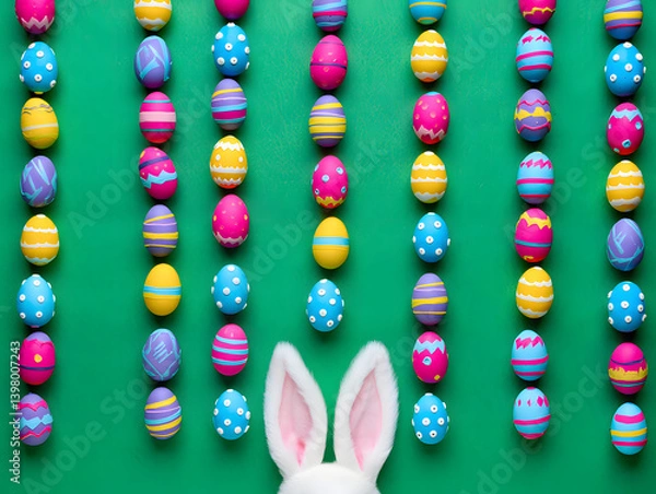 Fototapeta Colorful vertical painted Easter eggs and playful bunny ears on a vibrant green background creating a festive spring composition