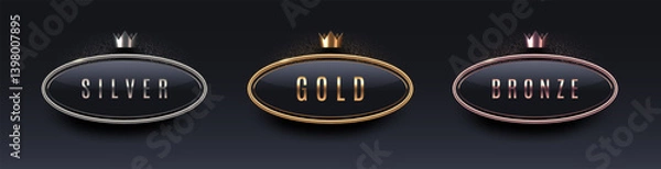 Obraz 3d rank award sign with metal frame and crown. Gold, silver and bronze metallic rank sign on black background. Vector set.
