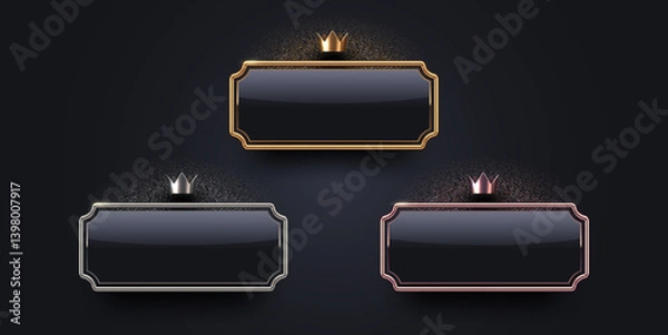Obraz 3d luxury sign with metal frame and crown. Gold, silver and bronze metallic premium sign on black background. Vector set.