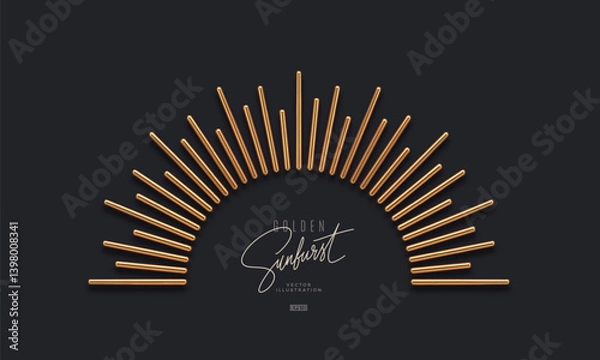 Obraz Gold metal sunburst rays on dark background. 3d render vector illustration.
