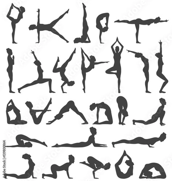 Fototapeta Yoga Poses Collection Set Black Icons Isolated on White
