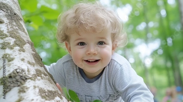 Fototapeta Toddler near tree, bright clothing, natural soft lighting, close-up low angle, happy expression, exploring nature, blurred green forest, cheerful sunny mood, perfect for family blogs.