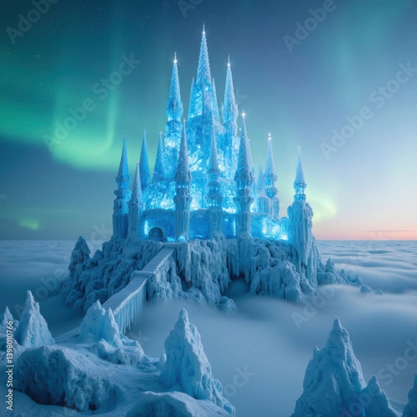 Obraz stunning ice castle stands majestically amidst sea of clouds, illuminated by northern lights. intricate spires and icy details create magical