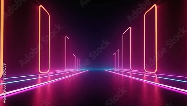Obraz Neon Avenue: Illuminate the future with this vibrant neon lights pathway, featuring a symmetrical perspective and futuristic design, capturing the essence of technology and innovation.