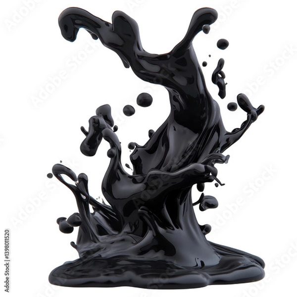 Fototapeta dynamic splash of black liquid captured mid air, showcasing fluid motion and abstract shapes. glossy texture and dark color create dramatic and artistic visual effect