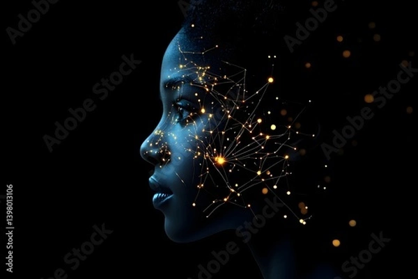 Fototapeta A profile view of an AI head with glowing data connections