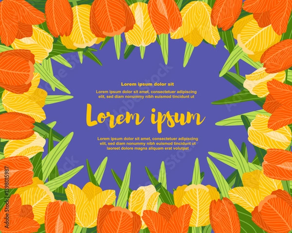 Obraz Illustration of a floral background featuring various tulips flowers, with a text placeholder. Ideal for banners, covers, greeting cards, invitations, posters, and other design templates. Hand-drawn