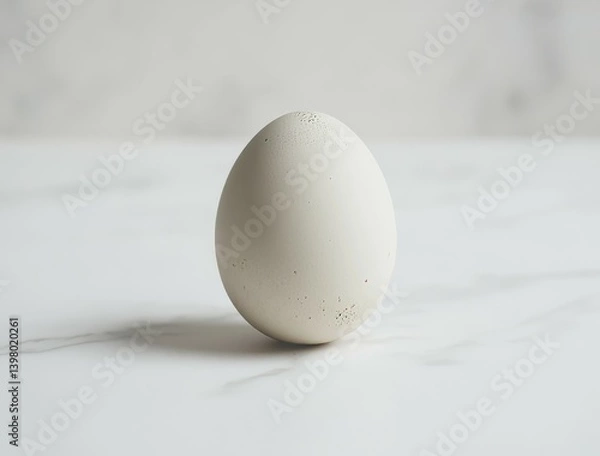 Fototapeta minimalist photo of lone egg with speckled shell placed on white table with dramatic lighting