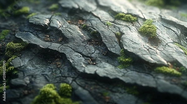 Fototapeta Close-up of textured tree bark with patches of vibrant green moss.