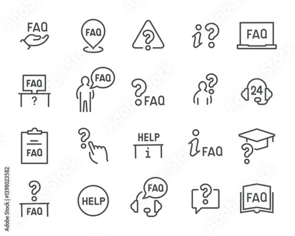 Fototapeta Vector Editable FAQ Support Icons Linear Hand, Marker, Question, Screen, Person, Click, Help, Book. Ready for Web