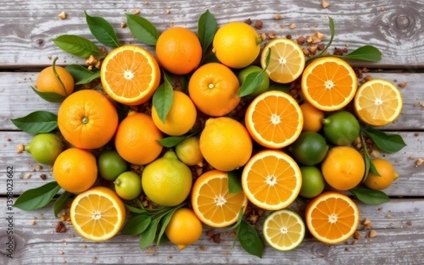 Fototapeta A vibrant assortment of various citrus fruits, including oranges and limes, with fresh green leaves on a rustic wooden surface