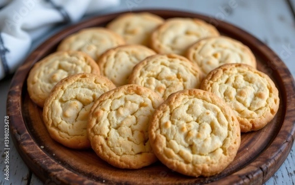 Fototapeta Freshly baked cookies arranged on a wooden platter, showcasing a golden-brown color and a soft, chewy texture