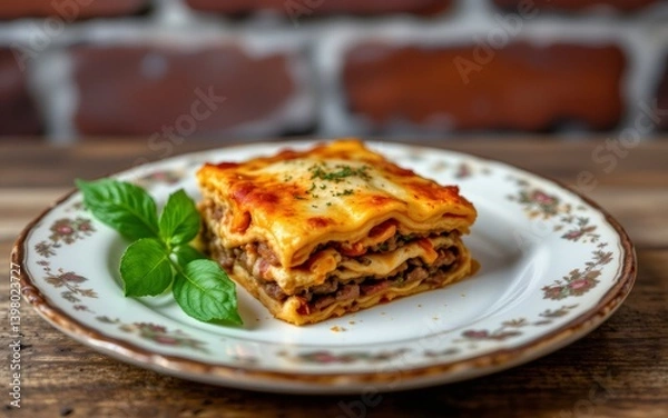 Fototapeta A delicious serving of layered pasta bake with meat sauce, topped with cheese and herbs on a decorative plate