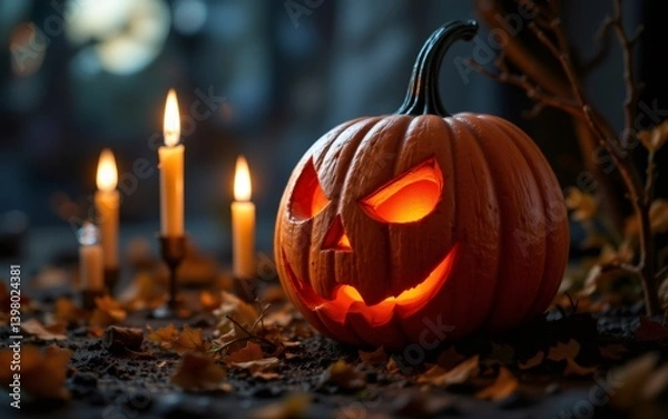 Fototapeta A carved pumpkin glows ominously among fallen leaves and flickering candles, creating a festive autumn atmosphere