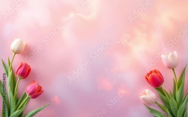Obraz A vibrant arrangement of colorful tulips against a soft, pastel background