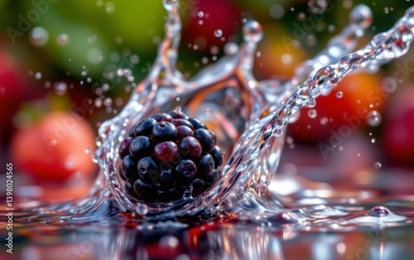 Fototapeta A blackberry splashes dramatically into clear water, creating dynamic droplets and ripples