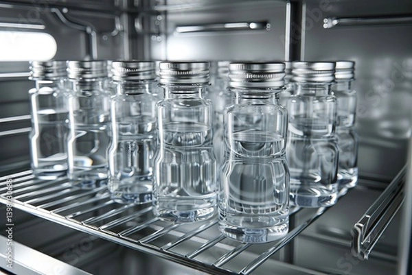 Fototapeta Close up view of biobank storage containing vials or containers used for preserving human cells and DNA samples in a controlled environment for research and diagnostics.