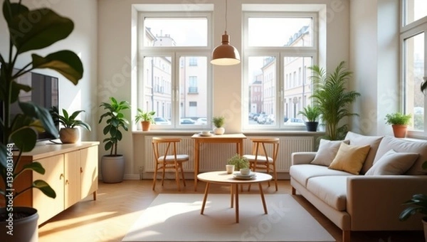 Fototapeta Beautifully designed scandinavian style apartment living room featuring bright interiors, soft textures, and modern furnishings that create a warm and inviting ambiance for relaxation