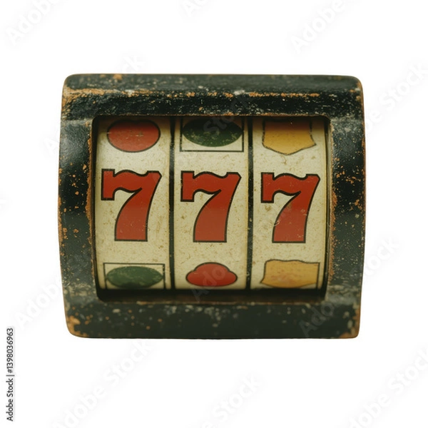 Obraz vintage slot machine displays winning combination of three red sevens, symbolizing luck and excitement. worn appearance adds nostalgic charm to classic gambling device