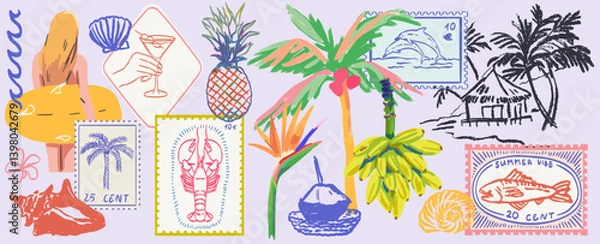 Fototapeta Hawaii or tropical style sea vacation hand drawn vector illustrations in mixed media collage style with doodle sketch stamp elements. Banana, palm tree vacation in marker style. Oil digital drawings.