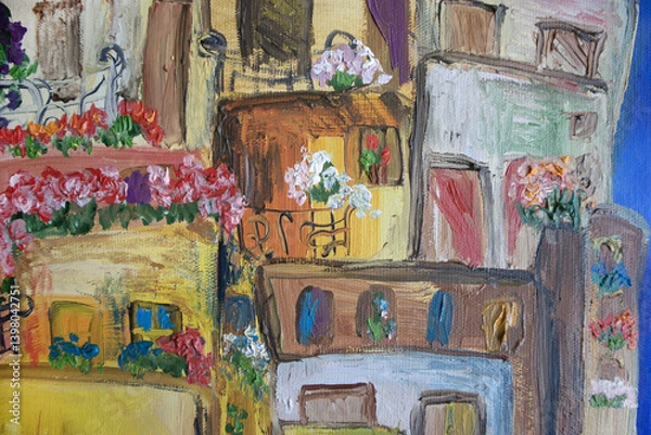 Fototapeta Charming colorful small cottages with windows and blooming balconies. Historical Mediterranean town houses outside nobody. Architecture fine art illustration.