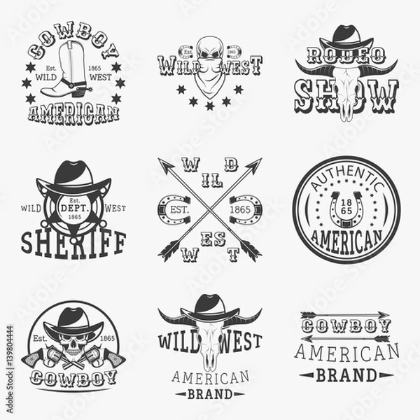 Obraz Wild west, rodeo show, sheriff, cowboy set of vector vintage emblems, labels, badges and logos in monochrome style on white background