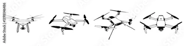 Fototapeta Vector hand draw illustrations of different drone models showcasing varied designs and features