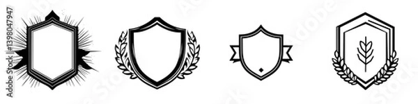 Fototapeta Vector hand drawn collection of decorative shields with unique designs and embellishments for graphic projects and artwork