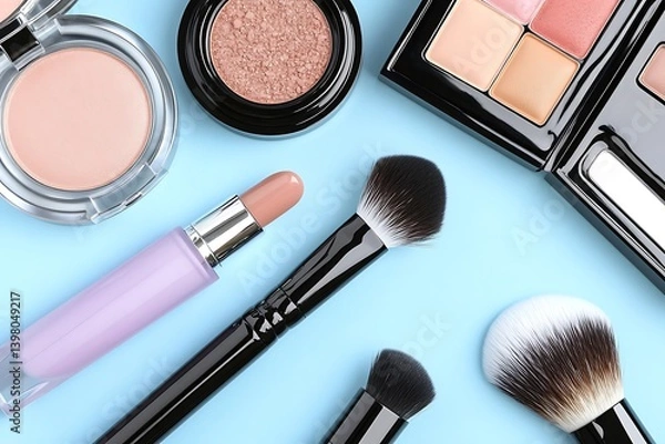 Fototapeta Assorted makeup products displayed on a light blue surface.