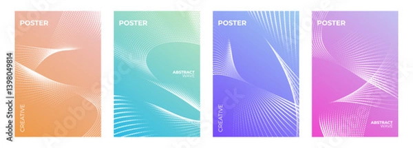 Fototapeta Set of abstract posters with white dot waves for creative graphic design. Minimalist cover templates. Vector illustration.