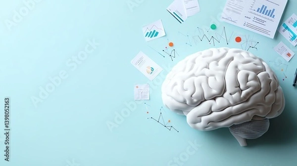 Fototapeta Papercut style brain with business charts, minimal modern design concept