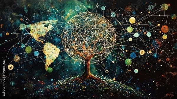 Fototapeta interconnectedness connection interdependence, global relationships, digital networks, symbiotic systems, mutual support, interlinked communities, shared resources, global collaboration,