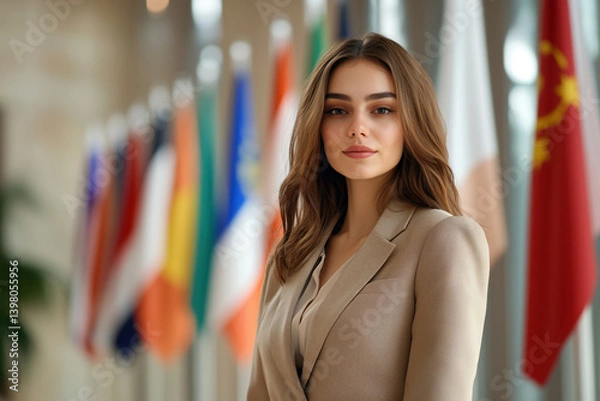 Obraz A beautiful professional female diplomat on a background with countries' flags