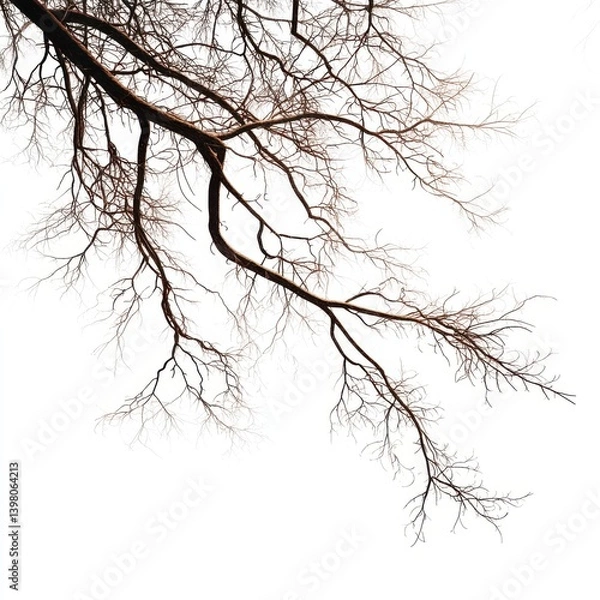 Fototapeta Branches of a tree against a bright white background in wintertime isolated on white background