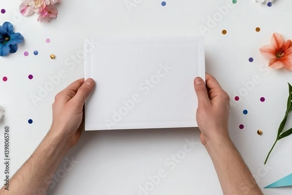 Fototapeta A close up of hands holding blank white card surrounded by colorful flowers and confetti, creating festive and celebratory atmosphere
