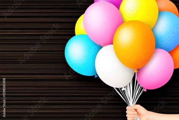 Fototapeta A Colorful balloons held in hand create joyful and festive atmosphere, perfect for celebrations and parties. vibrant colors include pink, blue, orange, and white, enhancing cheerful mood