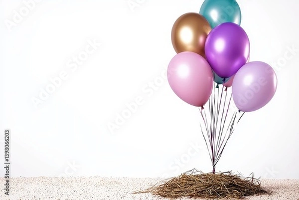 Fototapeta An Elegant cluster of helium balloons in soft pastel colors, including pink, purple, gold, and teal, resting on bed of straw. scene evokes festive and cheerful atmosphere