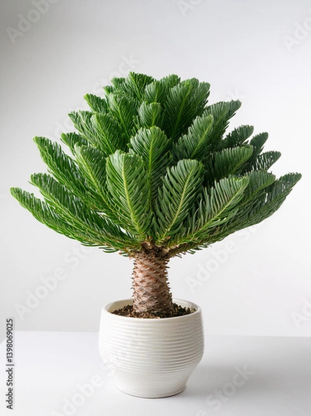 Fototapeta A Sago Palm (Cycas revoluta) in a clean, studio setting against a bright, white background. The plant's striking architectural form is highlighted, featuring a stout, textured trunk topped with a crow