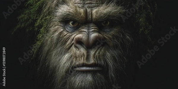 Fototapeta High-quality portrait of a Sasquatch, capturing its mysterious and mythical presence with detailed fur texture and a forest-like atmosphere. Perfect for themes related to folklore, cryptids