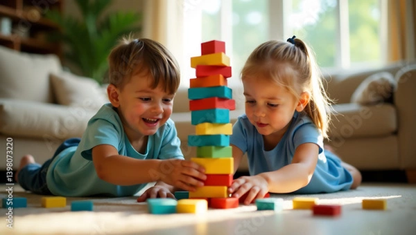 Fototapeta Imaginative Heights: Siblings Building Colorful Tower Together