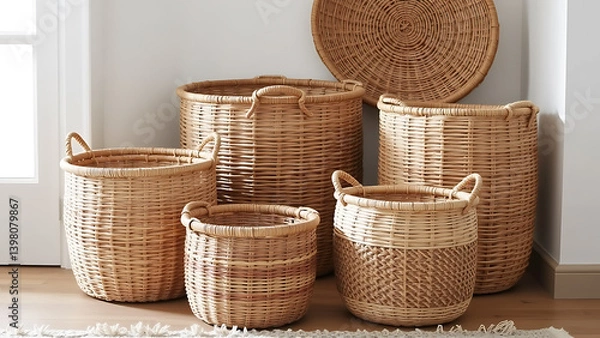 Obraz Handwoven wicker baskets, in varying sizes and textures, are strategically placed, offering stylish storage solutions and a natural element to the interior.