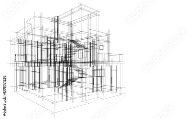 Fototapeta Architectural sketch of a building 3d illustration