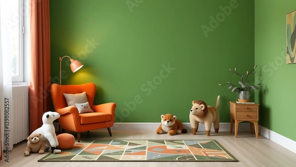 Fototapeta A verdant green wall establishes a calm and playful atmosphere in this child's room, complemented by a patterned and colored carpet